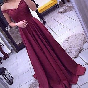 Off the shoulder burgundy prom dress